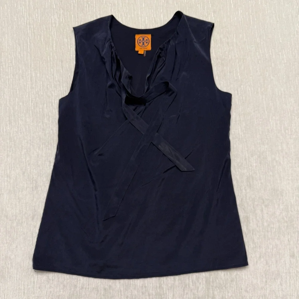 Tory Burch Silk Blouse Top Women 2 Navy Blue Sleeveless Ruffle Career Elegant